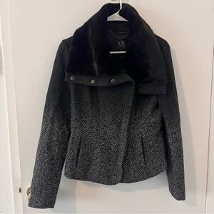 Armani Exchange Black Ombré Faux Fur Collar Fitted Wool Blend Moto Jacket Medium